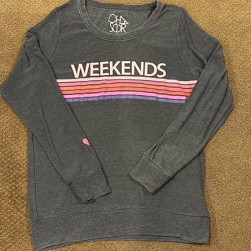Chaser Women’s ‘Weekends’ Pink Striped Grey Sweatshirt